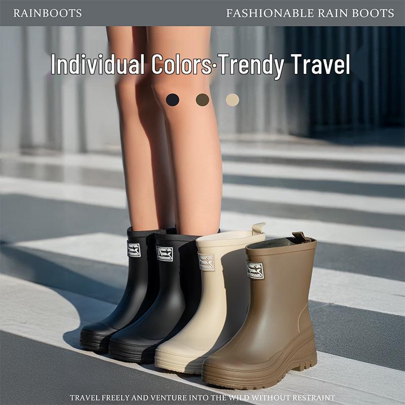 Women's Waterproof Velvet-Lined Mid-Calf Rain Boots: Drawstring, Wear-Resistant, Non-Slip Rubber for Cross-Border Fashion