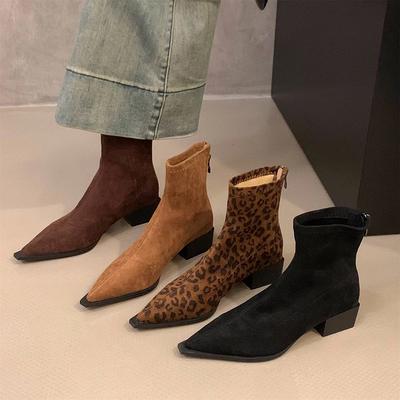 Fashion 2025 Designer Leopard Women Ankle Boots Fashion Pointed Toe Short Booties Ladies Concise Square Heels Shoes