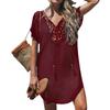Sommer Strand Damen Unifarben Spitze Nähte V-Ausschnitt Kurzarm Minikleid