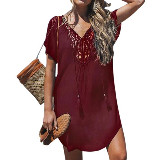 Sommer Strand Damen Unifarben Spitze Nähte V-Ausschnitt Kurzarm Minikleid