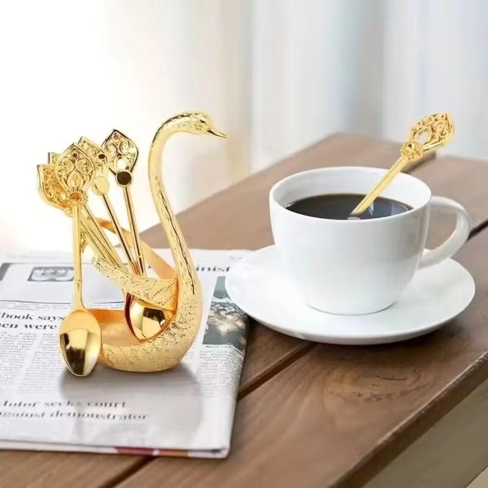 6Pcs with Swan Shaped Base Luxury Dessert Utensils Zinc Zinc Zinc Alloy Dessert Spoon Coffee Dessert