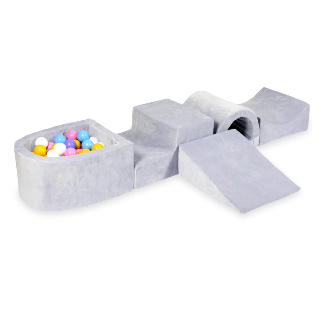 Foam Playground With Bridge And Pool Micro Velvet Soft Light Gray + 100 Balls: Light Blue, Yellow, Heather, Powder Pink, White