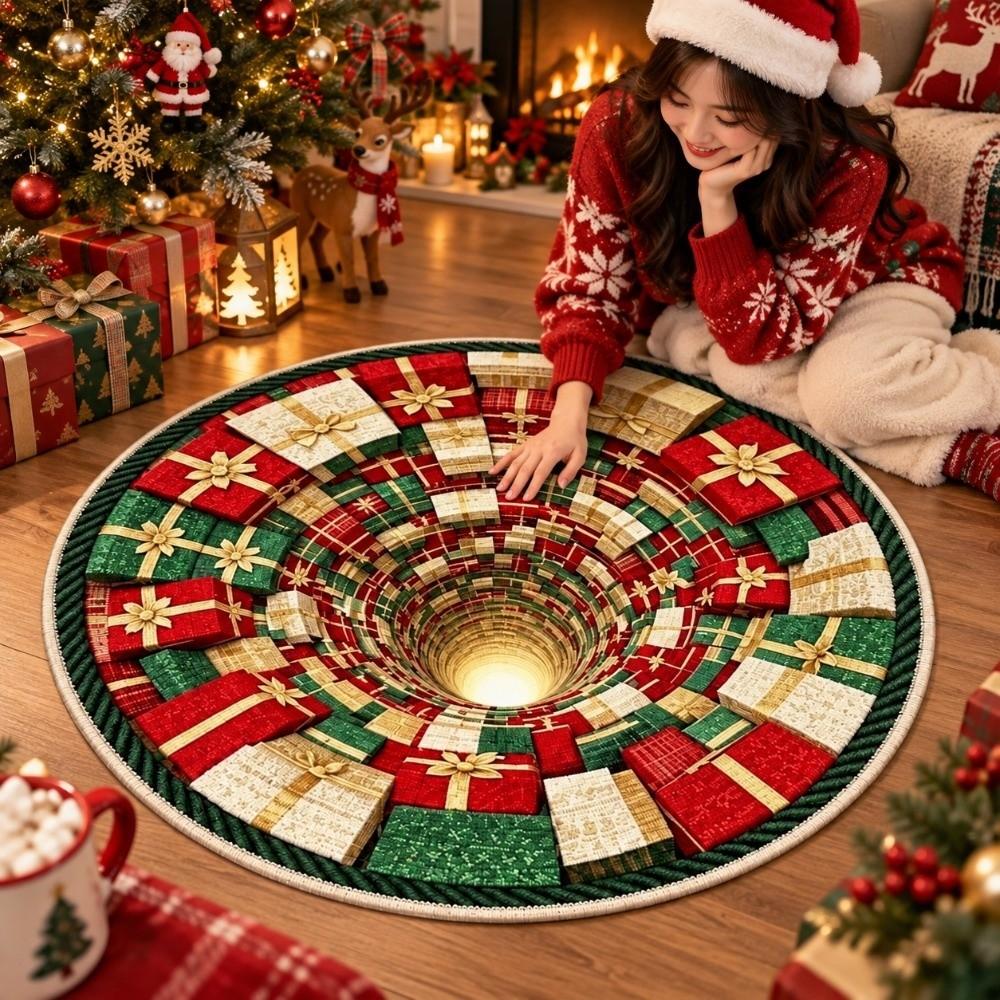 Bottomless Pit Christmas Round Rug 2D Flat Vortex Floor Mat 3D Illusion Carpet Xmas Party