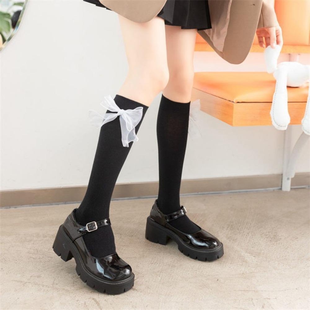 Schleife Röhrensocken Damen Frühling und Herbst Schwarz und Weiß JK Lolita Wadenstrümpfe Japanische Mädchen College-Stil Kniestrümpfe