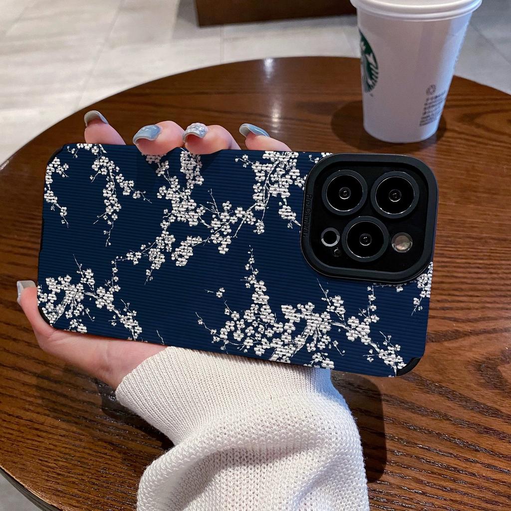 White Plum Blossom Silicone Leather Phone Case For iPhone 14 15 16 Pro Max 11 12 13 Mini Soft Shockproof Full Cover