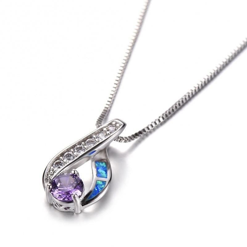Simple ins Ladies Pendant White Gold Round Aqua Blue Diamond Necklace