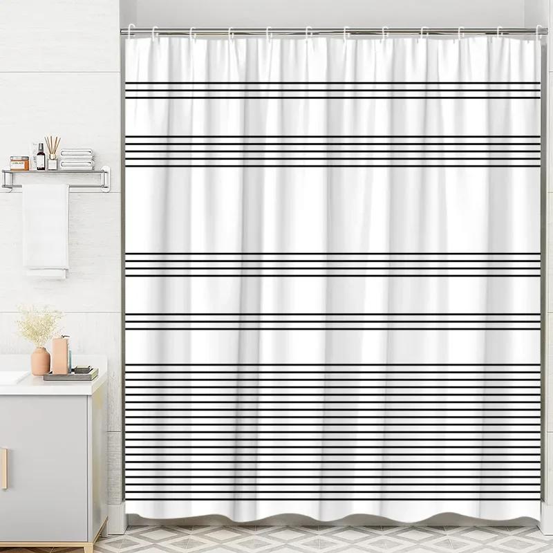 Moderní geometrická sprchová závěs s pruhovanými křivkami Černobílé čtverce Minimalistická neutrální dekorace do koupelny