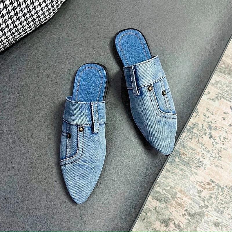 Fashion Denim Wrapped Slippers Autumn New Pointed Toe Deep Mouth Rivet Soft Sole Non-Slip Wear-Resistant Flats