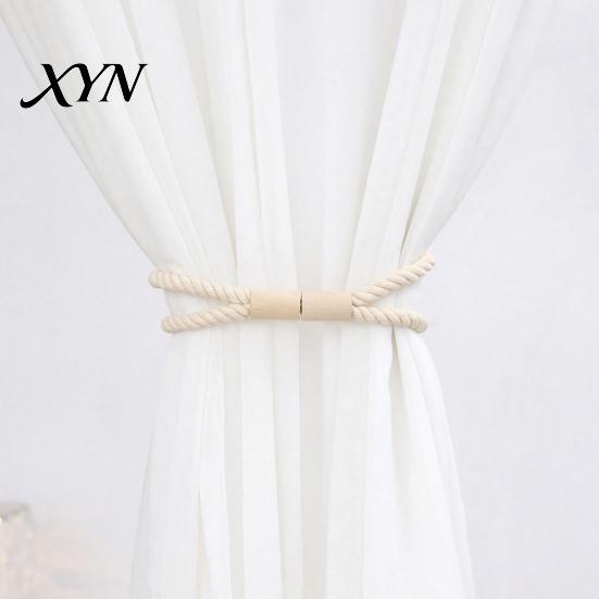 Wall Damage Free Curtain Holder Magnetic Tieback, Cotton Linen Rope Holdback with Wood Buckle for Tool Drapes, Decorative Tie Backs Bedroom,