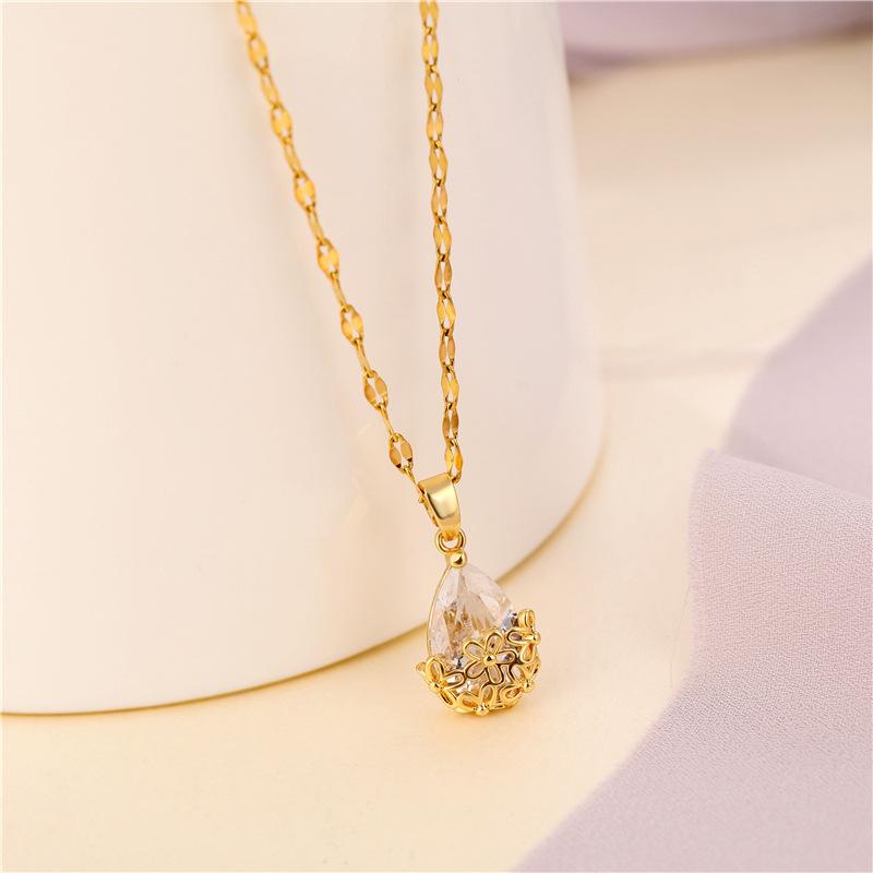 Elegant Water Drop Pendant Necklace 18K Gold Titanium Steel Water Drop Crystal Zircon Necklace for Women