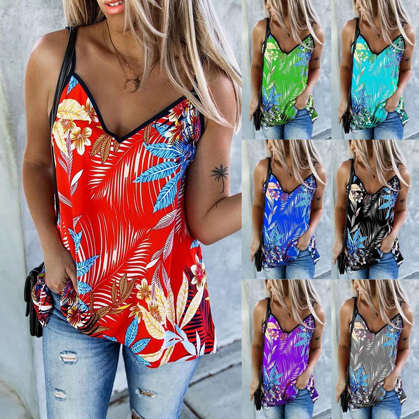 

Женская мода, повседневный пляжный летний свободный топ на подтяжках с v-образным вырезом и принтом