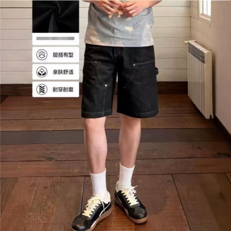 American Retro Black Denim Workwear Loose Straight Knee Length Shorts Unisex M чёрный