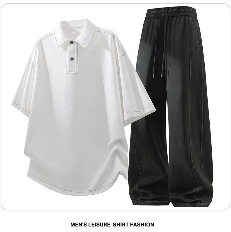 Men's Trendy Plus Size Polo Shirt & Long Pants Two-Piece Set - Casual & Versatile Short Sleeve Tee Sports Outfit