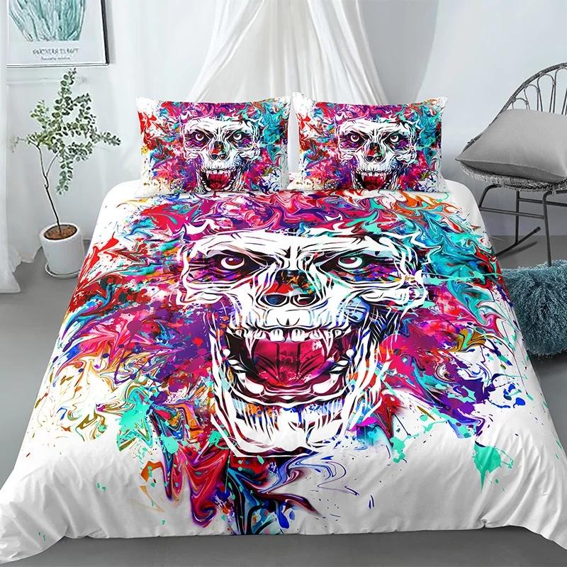 Skull Duvet Cover King Halloween Comforter CoverGothic Fog Smoke Skull Skeleton Bedding SetGrey Quilt Cover Room Decor 2/3pcs