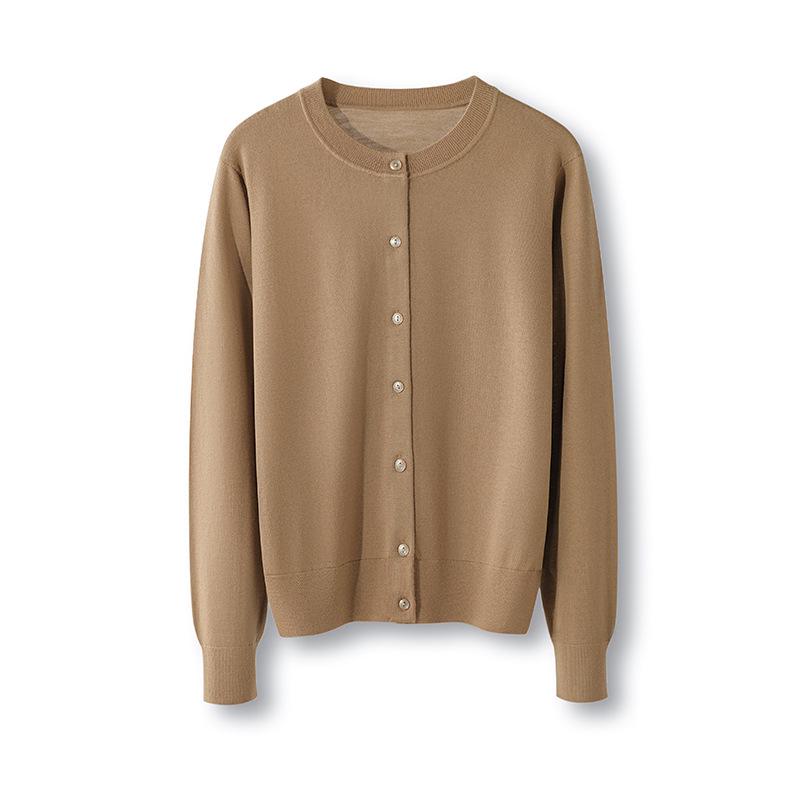 2026 Women's Elegant Fine Wool Cardigan - Loose, Slimming, Round Neck, Solid Color, Single-Breasted Outerwear