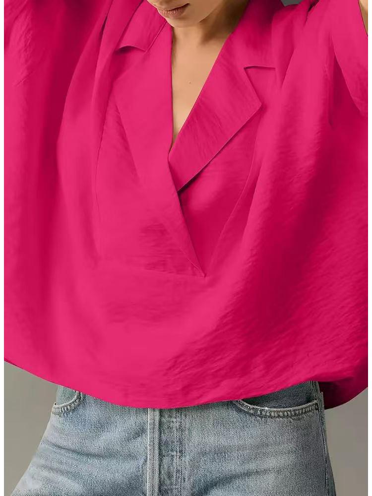 2025 Women's Casual Loose Short Sleeve Lapel Shirt - Solid Color, Summer Style