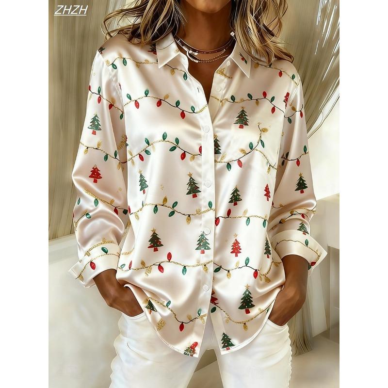 Christmas Women's Shirt Graphic Snowflake Vintage Stylish Modern Long Sleeve Shirt Collar Regular Tops Dailywear Fall Winter