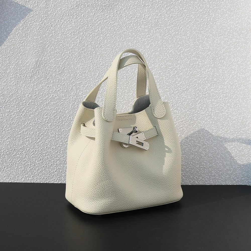 Top layer cowhide handbag genuine leather lychee pattern vegetable basket bag simple and lightweight versatile shoulder bag women's bag