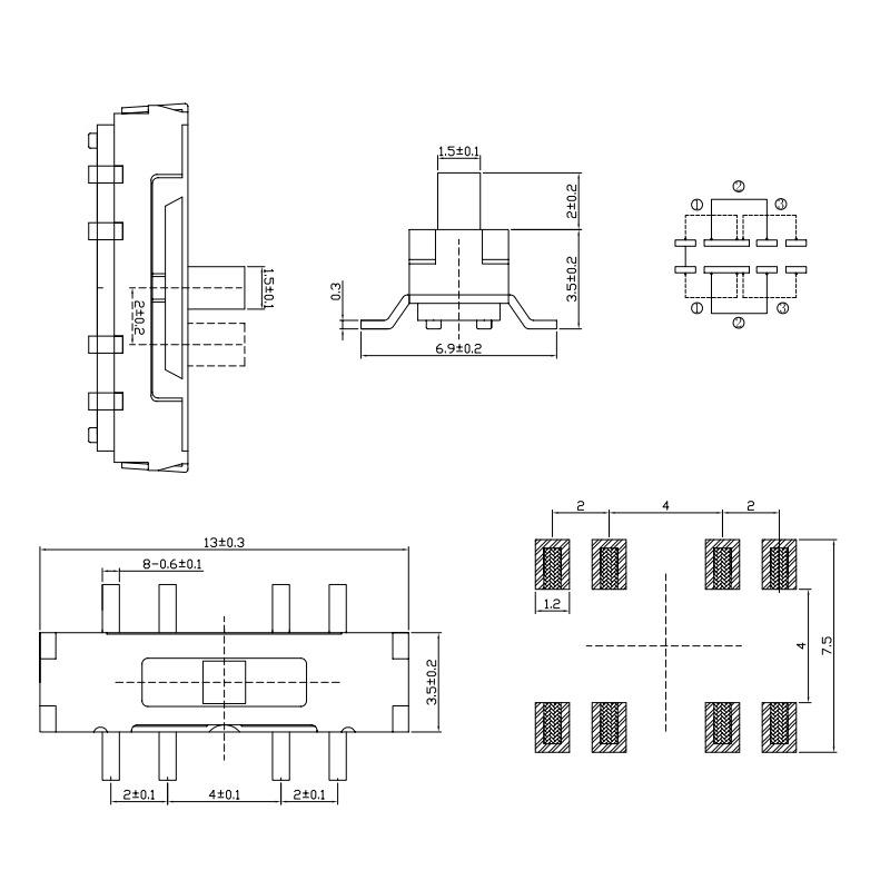Mini 3-Position High-Temp Vertical SMD Toggle Switch MSS-23D18, 8-Pin