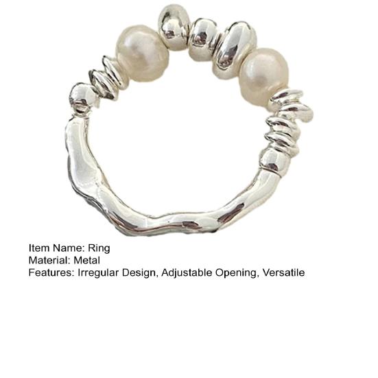 Women Ring Imitation Pearl Decor Irregular Shape Beads Handmade Ring Adjustable Opening Design Finger Ring