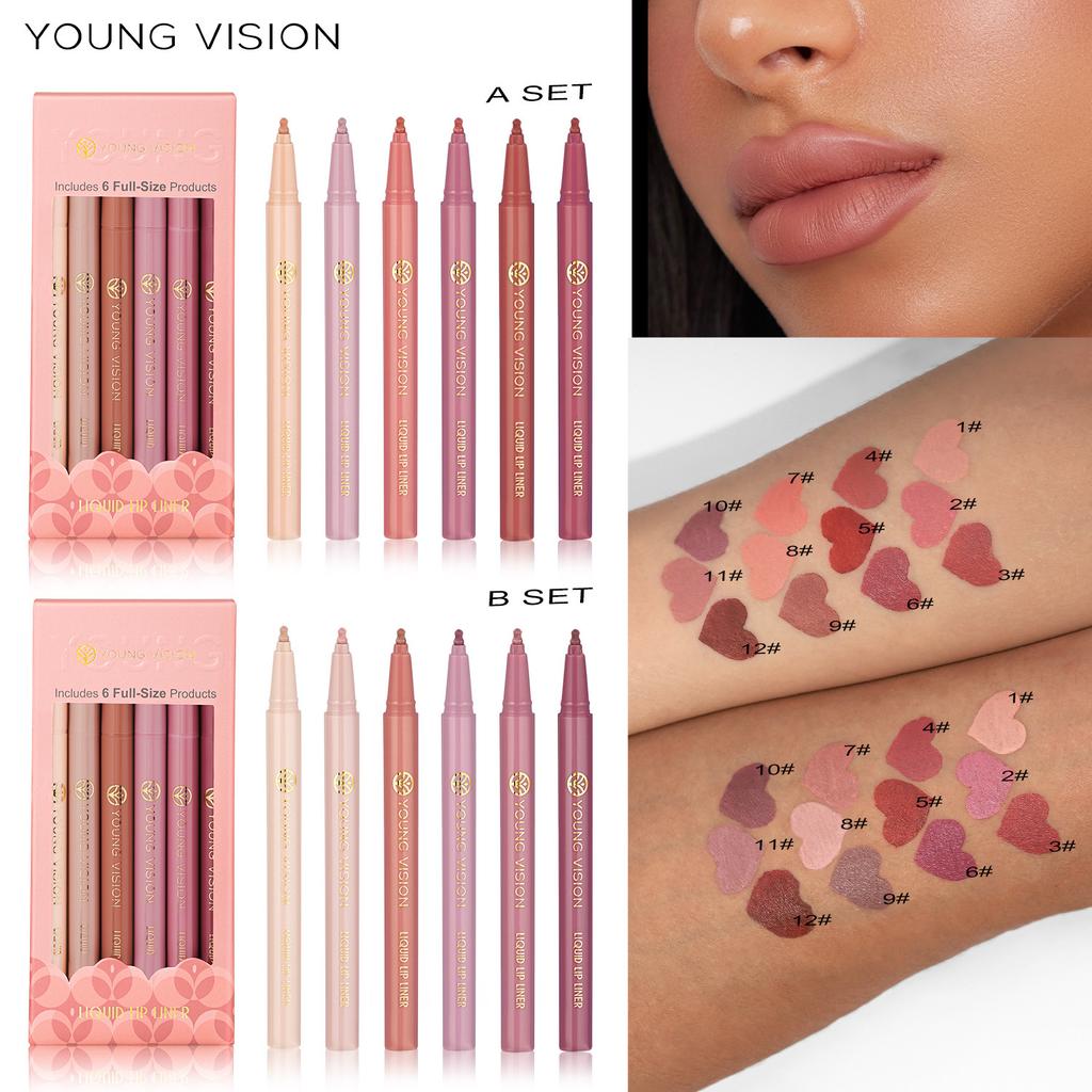 YOUNG VISION Sada matných 6barevných tekutých tužek na rty Sponge Tykev Head Mist Nude Lipstick Pen