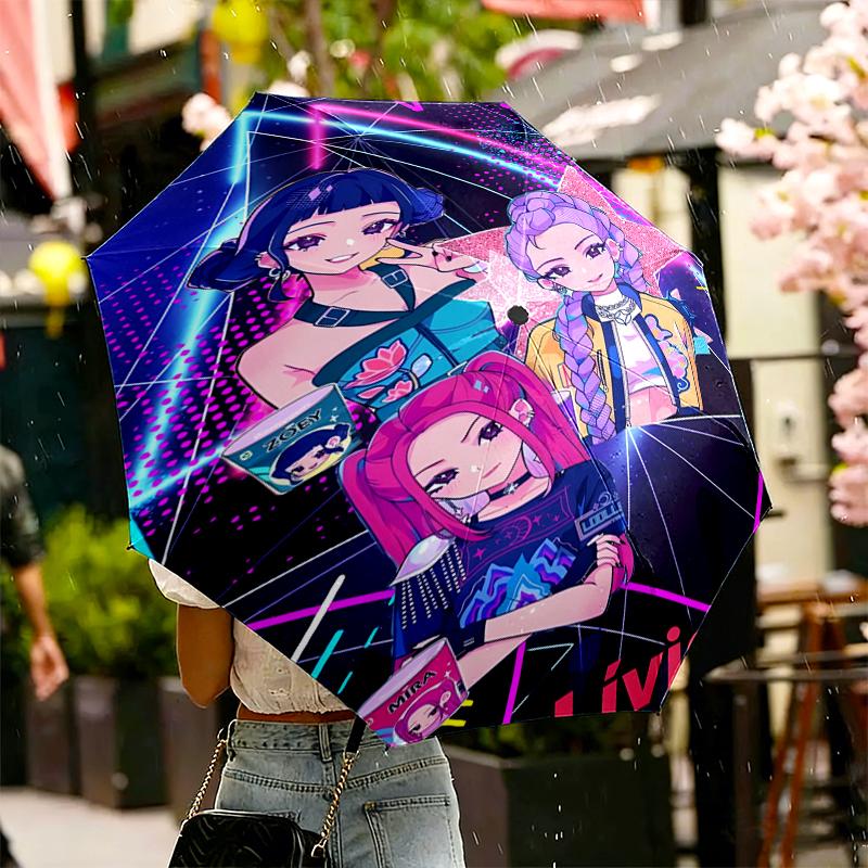 Ombrello KPop Demon Hunters con Stampa Apertura/Chiusura Automatica - Design Pieghevole Portatile - Uso Quotidiano per Viaggi/Outdoor - Regalo per Compleanno