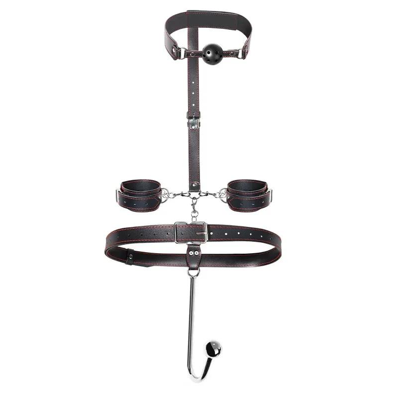 Sexual Bondage Restraint Kit BDSM Leather Thigh Sling Breast Belt Rear Handcuffs Spread Legs Slave Fetish Anal Hooks Fetish
