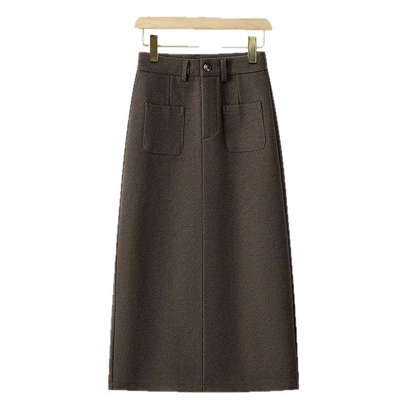 2024 New Women's Khaki Wool A-Line Midi Skirt with High Waist, Loose Fit, Slimming Slit, Perfect for Autumn/Winter.
