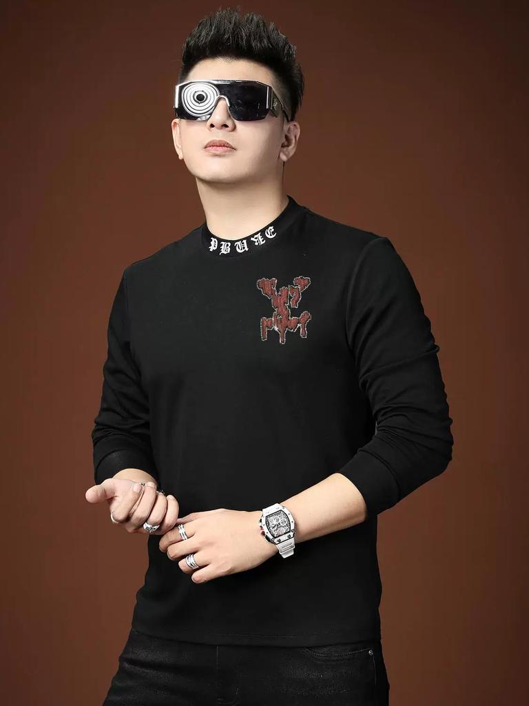 European Style 2025 Autumn New Half-Turtleneck Base Shirt Men's Long-Sleeve T-Shirt Trendy Brand Rhinestone Casual Top Men's Clothing