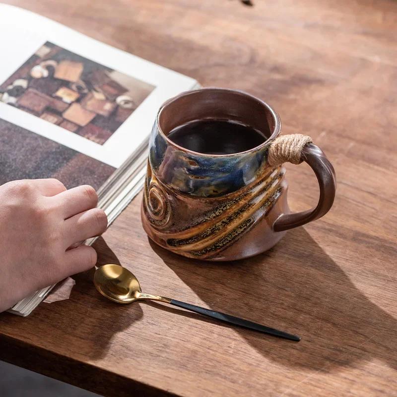 320ml Ceramic Mug Creative Tea Coffee Cup Spiral Hemp Rope Vintage Office Mug Water Cup Household Decoration Handmade Gift Mug