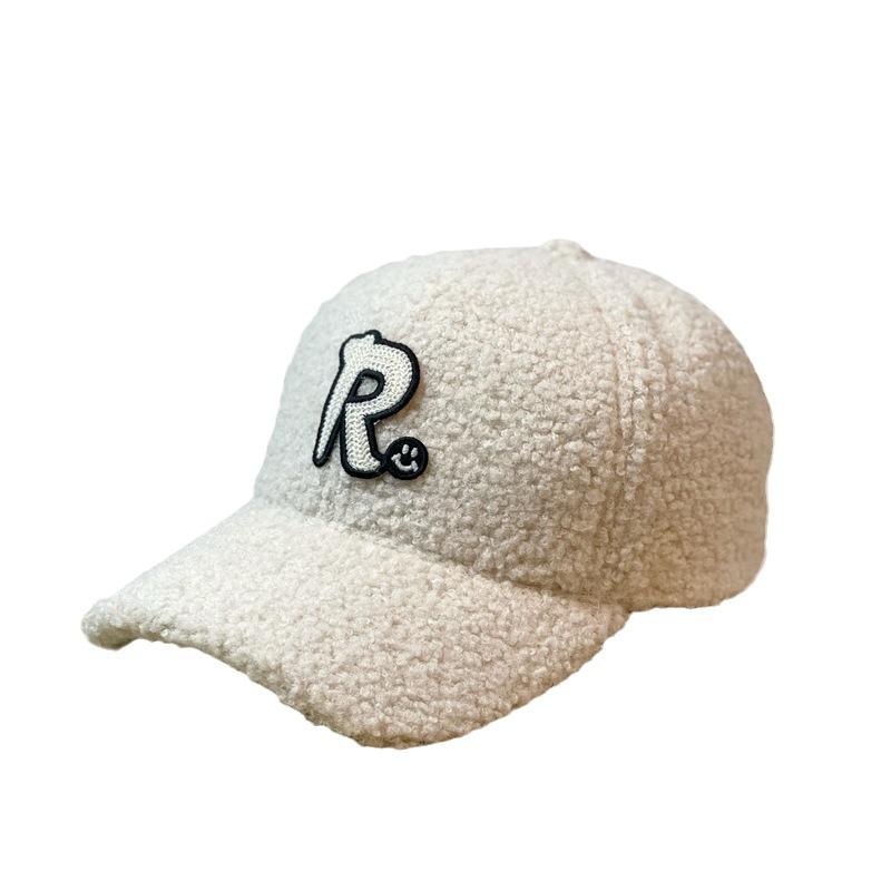Hat Women's Large Head Circumference Autumn and Winter R Letter Lamb Wool Warm Baseball Cap Peaked Cap Outdoor Travel Leisure Versatile