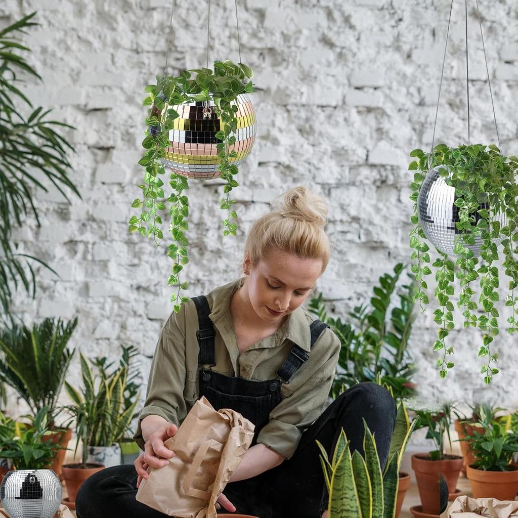 6inch Disco Ball Hanging Plant Pots,Plant Disco Ball Silver Mirror Disco Planter with Chain Hook for Indoor Outdoor Decor and Wooden Stand for