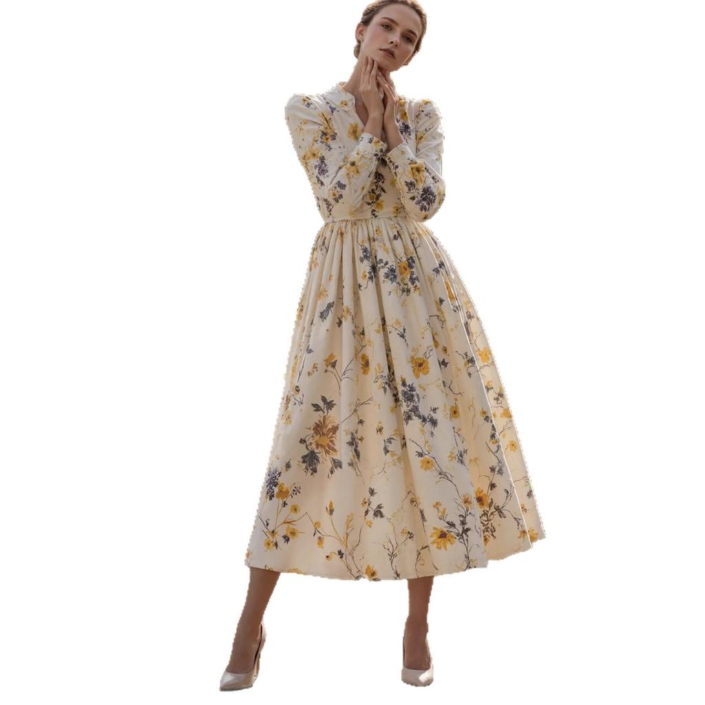 Women's Floral Boho Long Sleeve Maxi Dress V Neck Waist Swing Flowy Wedding Guest Dress Lightweight Maxi Spring Summer Party Boho Dresses for Women