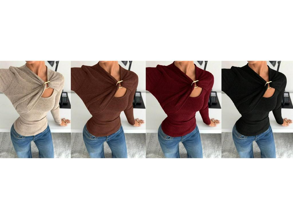 Women's Long-Sleeve Asymmetrical Draped T-Shirt with Metal Buckle for Autumn/Winter