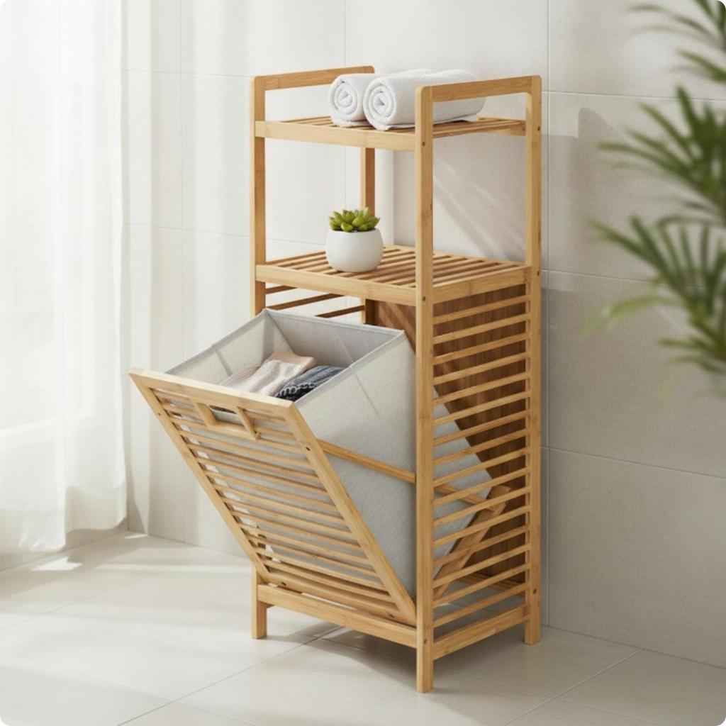 1 Piece Bathroom Shelf with Hamper Laundry Organizer Cabinet Sturdy Slatted