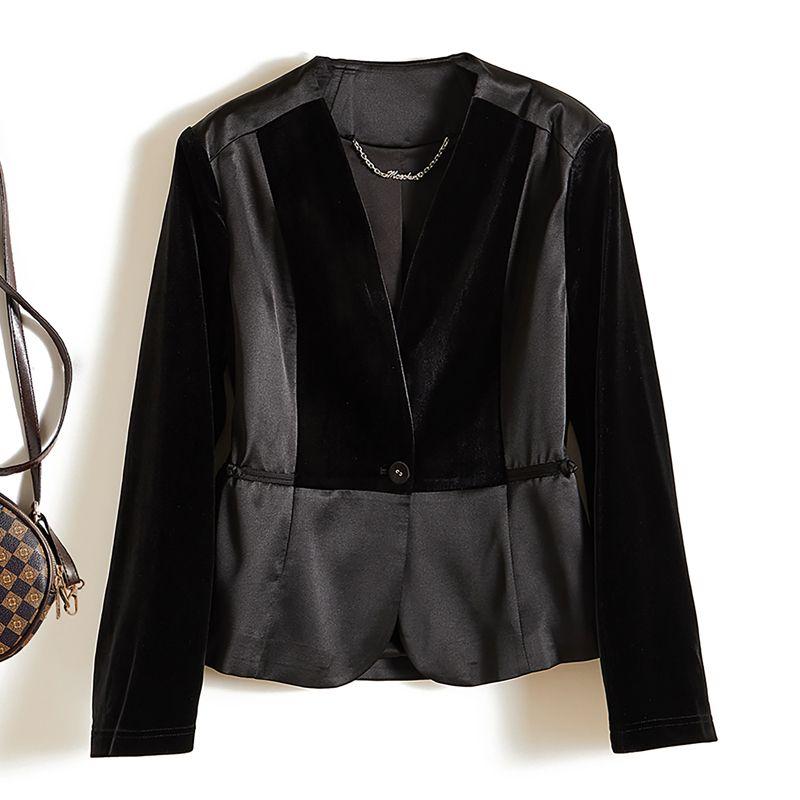 

French Single! Tower Pointed Product ~ Elite Female Fake Two-Piece Gold Velvet V-neck Stitching Small Suit Outwear New Black 4XL