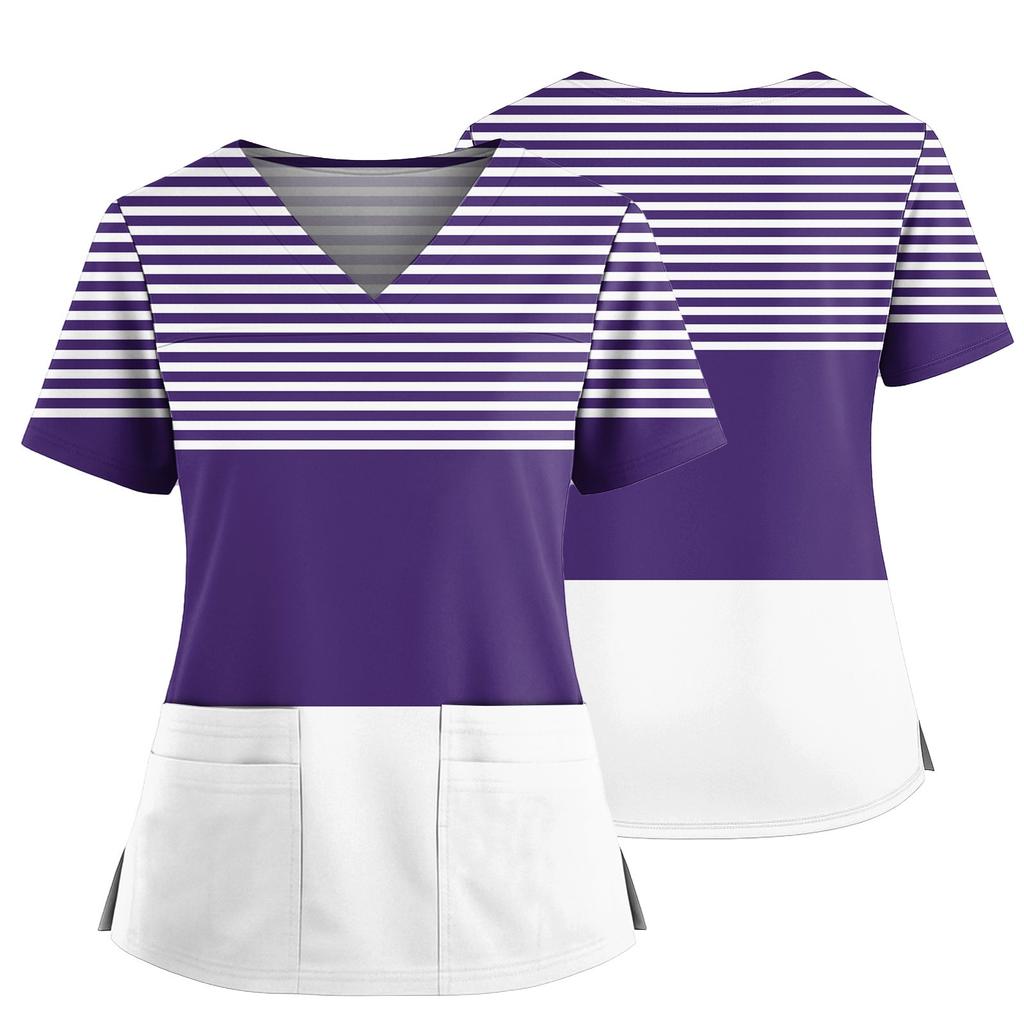 Damski casualowy top z nadrukiem z dekoltem w serek, kieszenią i rozcięciem po bokach, z krótkim rękawem