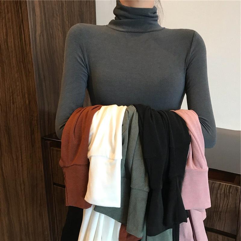 Women's Solid Color High Neck Base Layer Top Korean Style Versatile Long Sleeve T-Shirt Slim Fit Inner Wear for Autumn and Winter