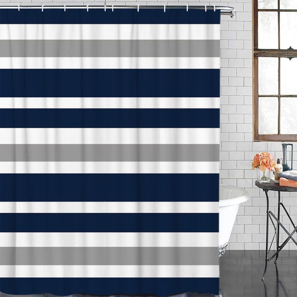Striped Shower Curtain Navy Blue and Gray, Blue and White Striped Shower Curtain with Hooks for Bathroom Waterproof Bath Curtains for Home Hotel, 72"