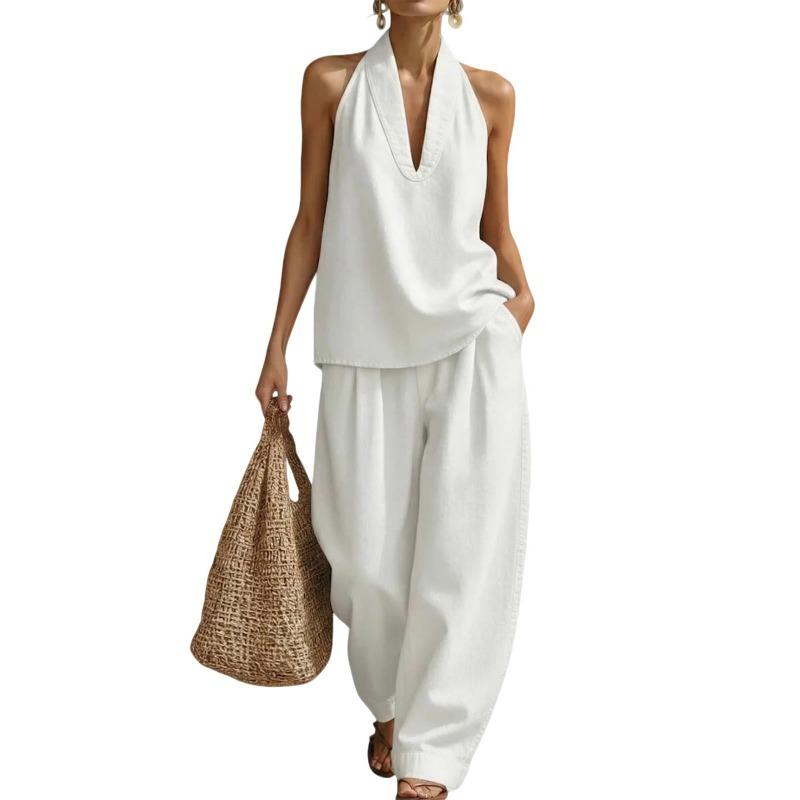 Women's Sleeveless V Neck Wide Leg Jumpsuit Loose Casual One Piece Summer Outfit
