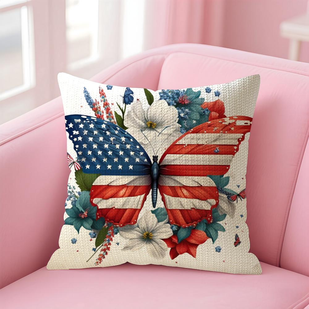 American Flag Butterfly Cushion Cover Natural Linen Pillow Case Double-Sided Print Decorative Sofa Pillowcase Home Decor Gift