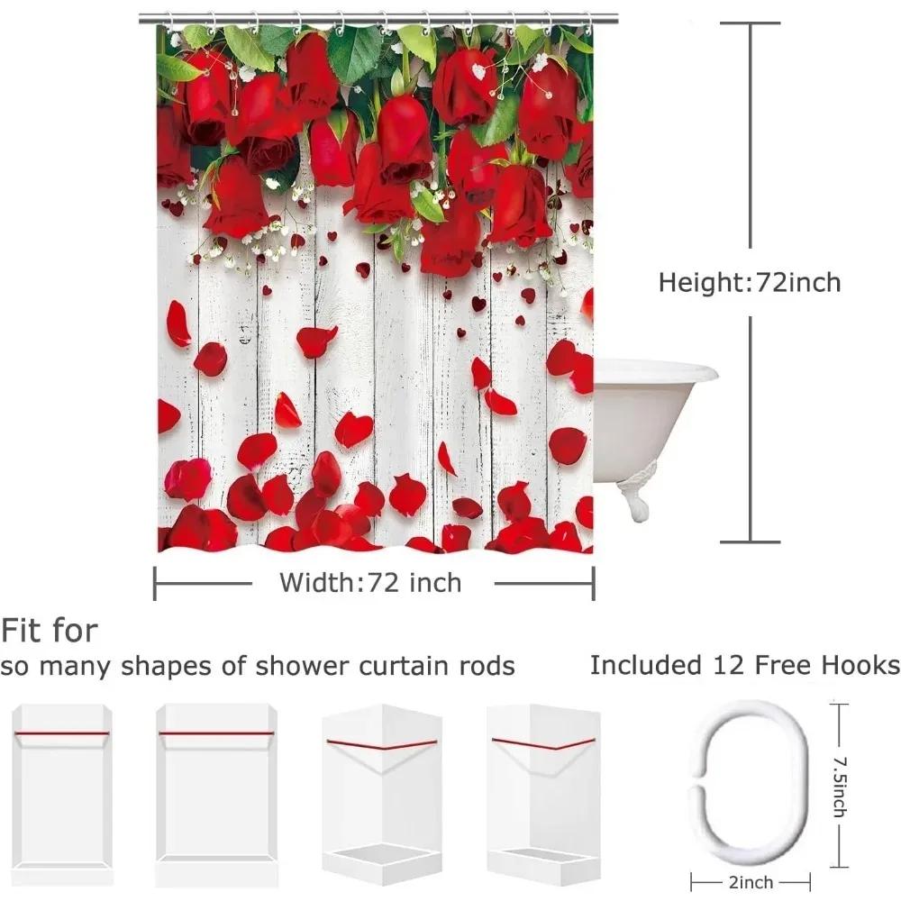 Rote Rose Duschvorhang-Set Mit 12 Haken Wasserdichter Blumiger Duschvorhang Für Badezimmer Valentinstag Duschvorhang