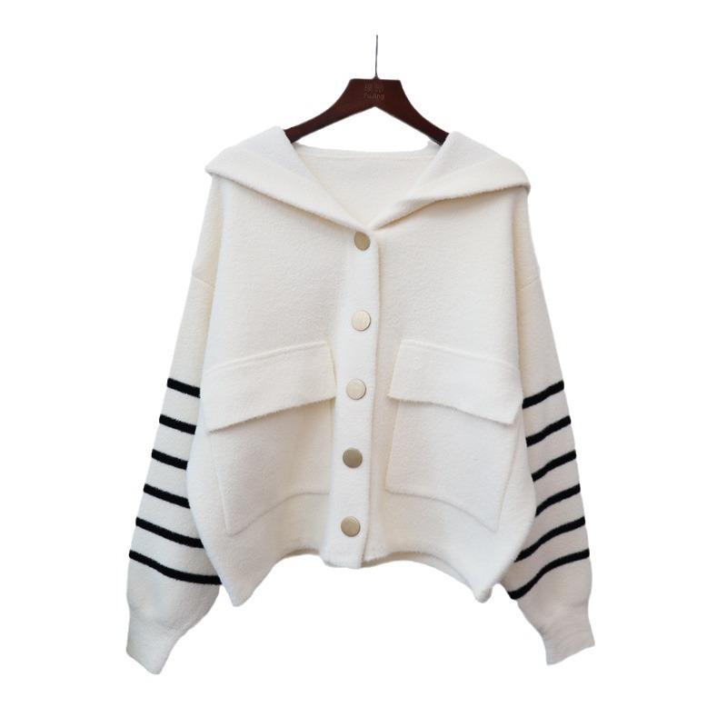 Korean version loose autumn and winter new hooded sweater jacket striped design sense knitted double-sided cardigan women's trend