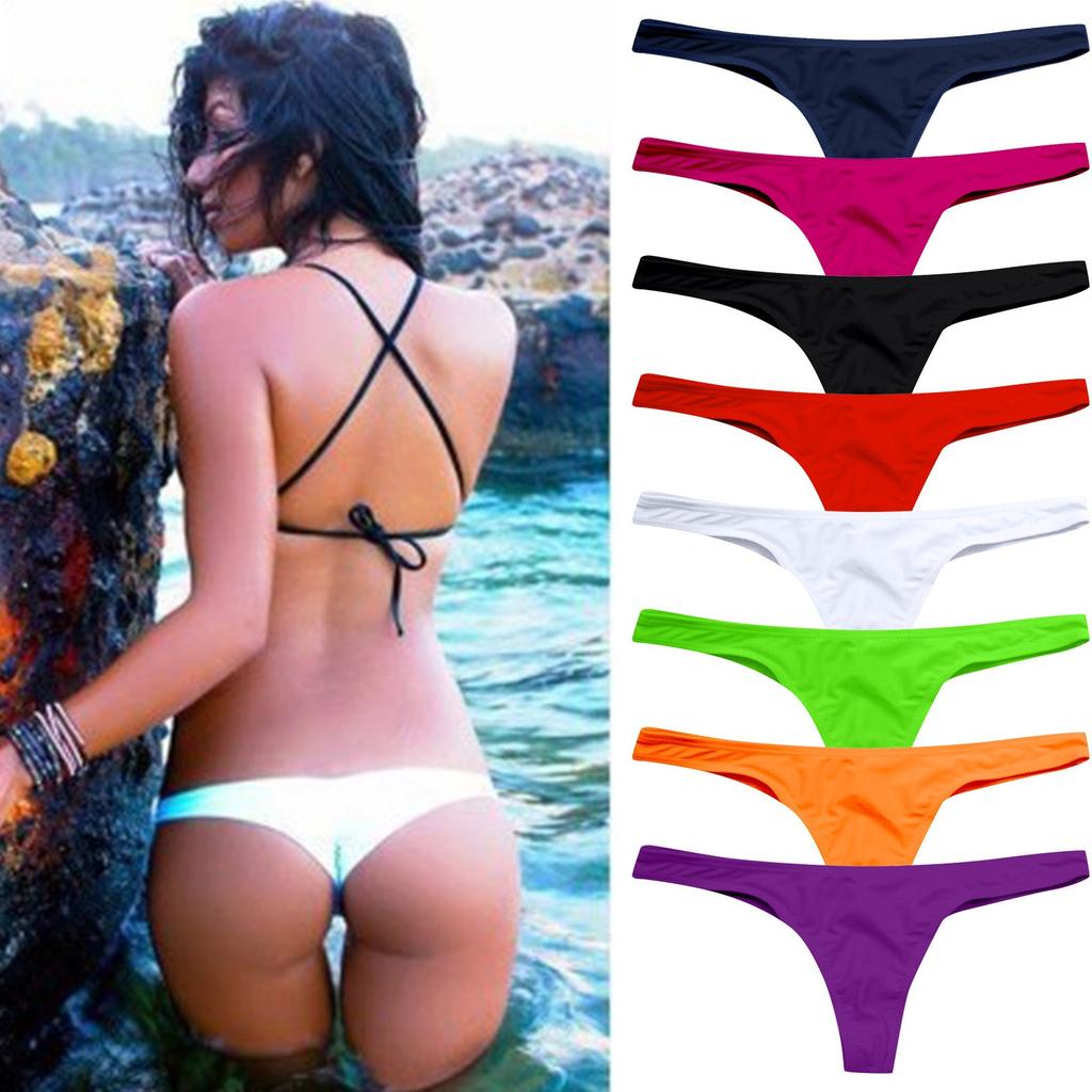 Sexy Feminino Cor Sólida Plissado Tanga Biquíni Multi-colorido Swimwear Divertido Underwear