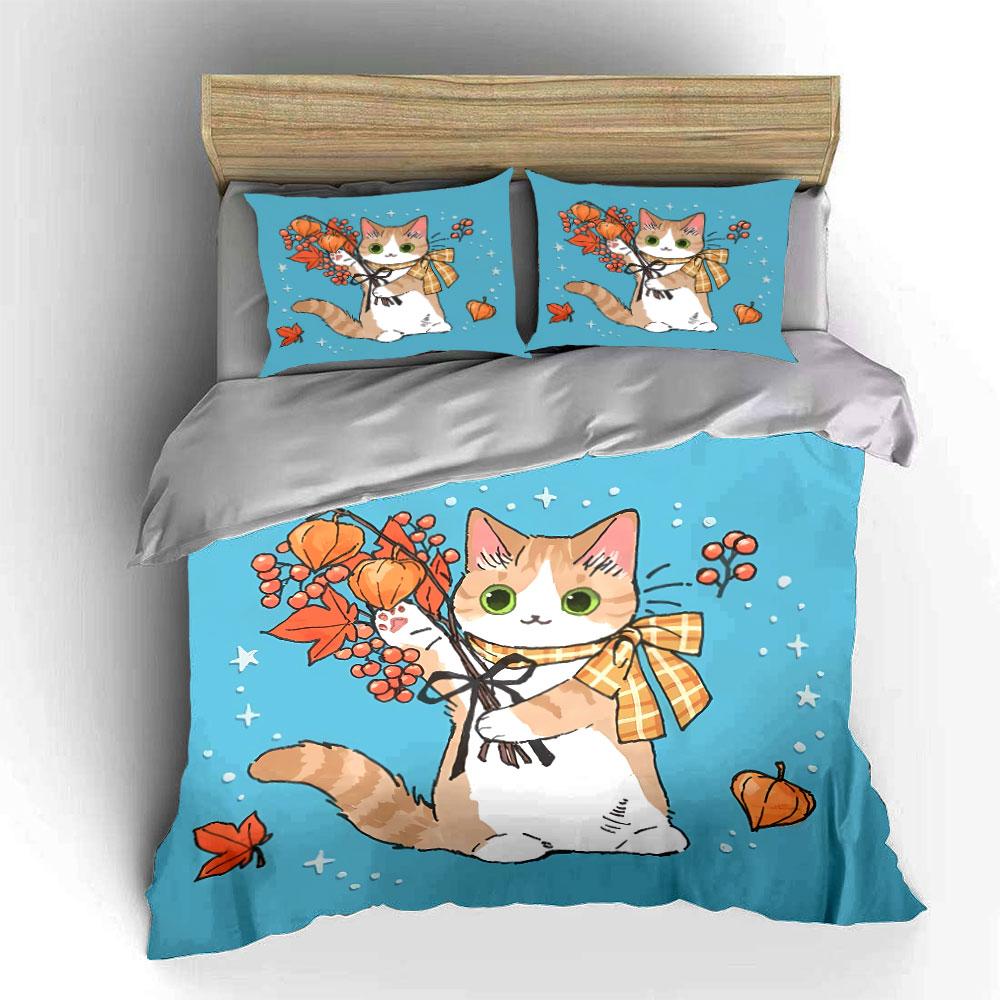 Autumn Cat with Scarf and Leaves Bedding Duvet Cover Set Duvet Cover Pillowcases (1*Duvet Cover 2*Pillowcases, Without Duvet Insert)