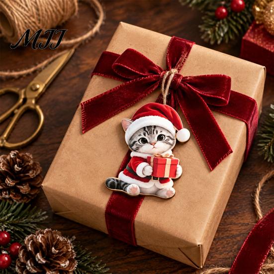 Cute Kitten Xmas Decor Christmas Ornament for Tree Hanging, 2D Flat Wooden Festive Gift Tags Decorative Pendant with Lanyard Home Holiday Party