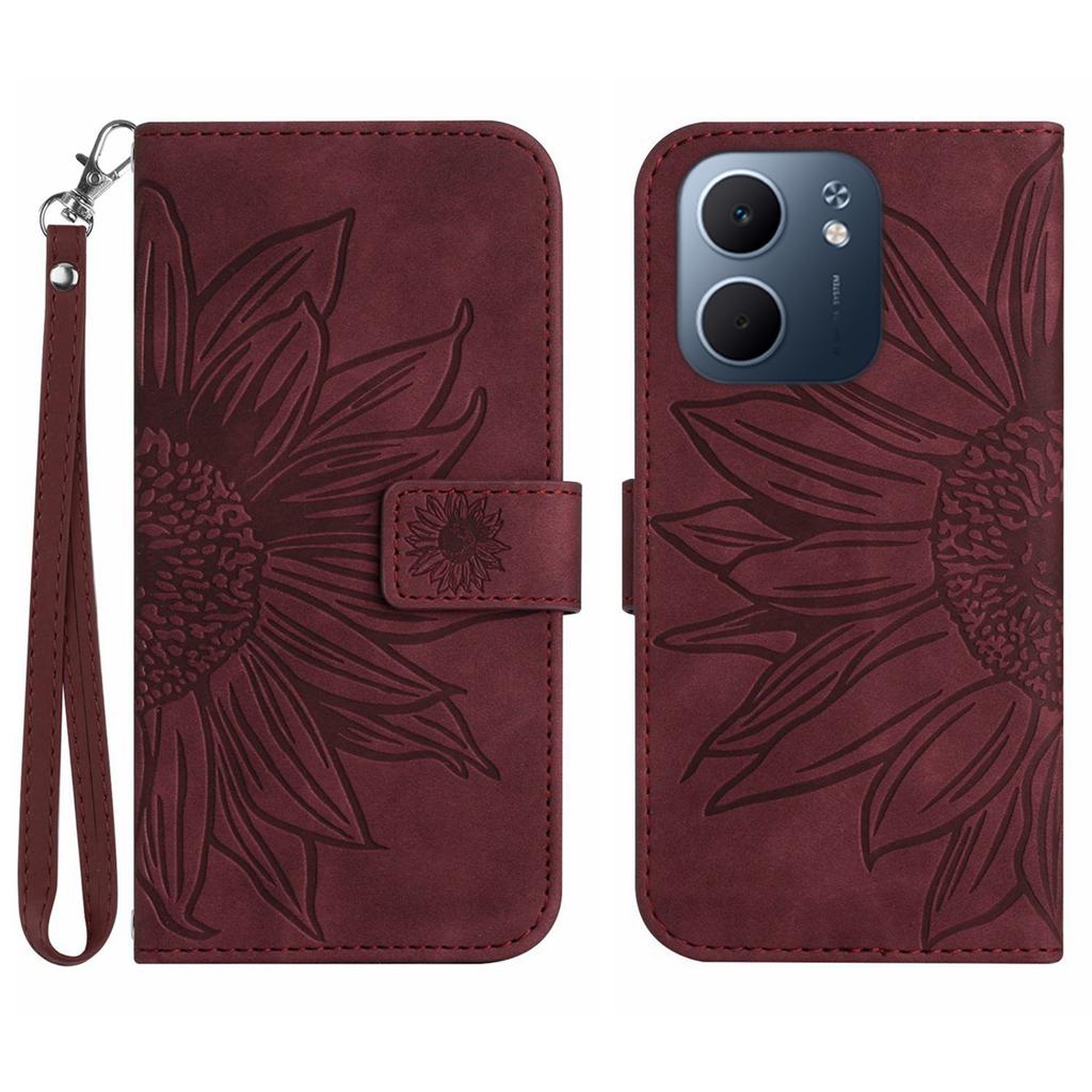 For Oppo A5x 5G/4G Case Sunflower Imprint Leather Wallet Phone Cover with Wrist Strap