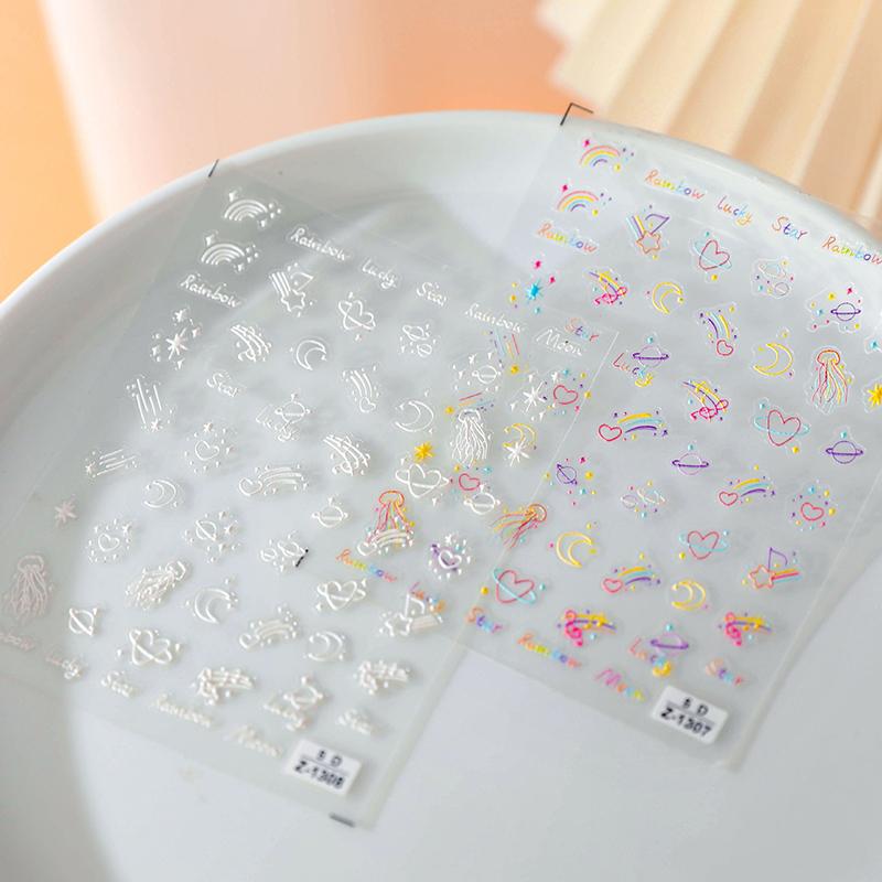 Colorful Starry Sky Nail Stickers Embossed Rainbow 3D Stickers Cartoon Nail Stickers Wearing Armor Nail Art Diy Decorative