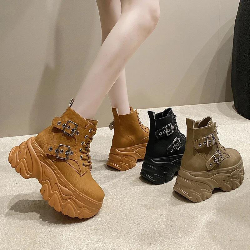 fashion Women's High Platform Motorcycles Boots Autumn Winter 8CM Heels Ankle Combat Boots New Chunky Leather Sneakers Buckle Punk Boots
