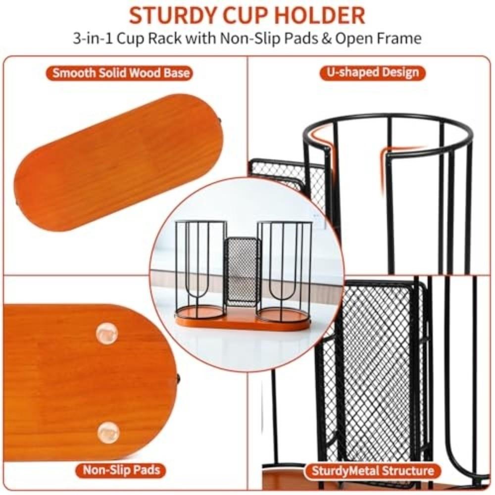 3-in-1 Coffee Cup Lid Holder Wooden Base Cup Dispenser Rack Paper Cup Dispenser Office Kitchen Use